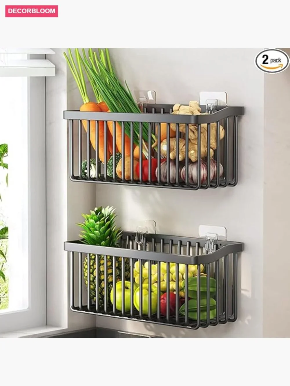 2-Piece Wall Mounted Fruit Basket Set, Carbon Steel Wire Veggie Storage for